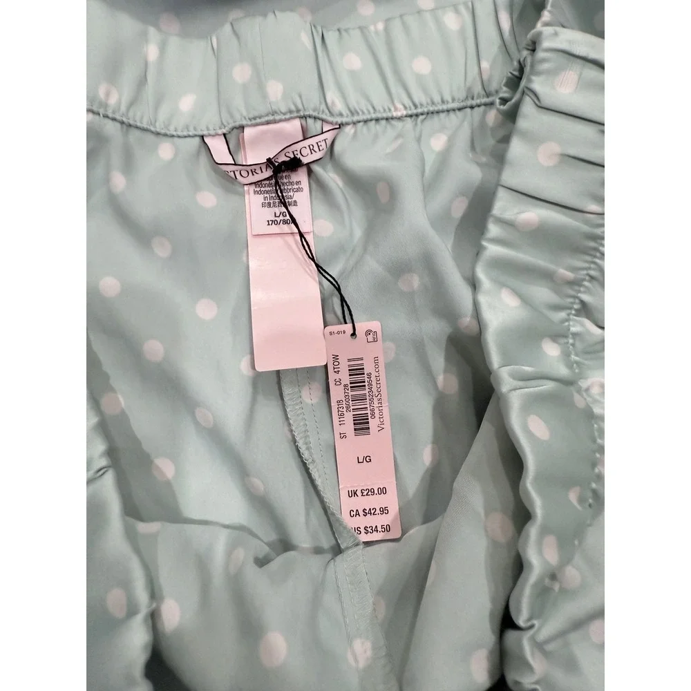 Victoria's Secret Satin Pajama Set Sage Green Polka Dot Cami Shorts XL/L NWT